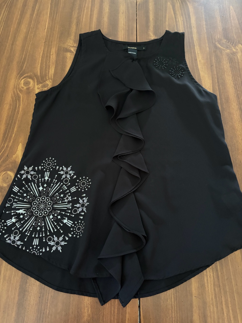 Desigual Black Ruffle A-Line Skirt with White Floral Burst Detail